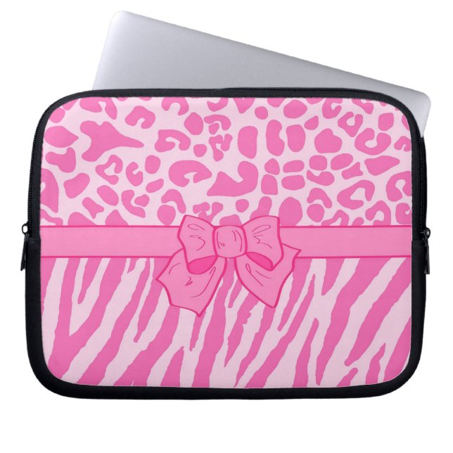 Cute Pink Zebra Leopard Animal Print and Girly Bow Laptop Sleeve (Voorkant)