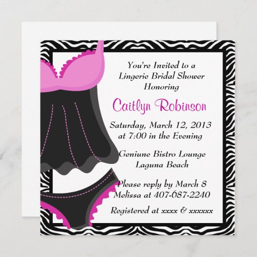 Cute Pink Zebra Lingerie Bridal Shower Uitnodiging (Voorkant / Achterkant)