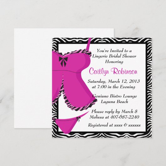 Cute Pink Zebra Lingerie Bridal Shower Uitnodiging (Voorkant / Achterkant)