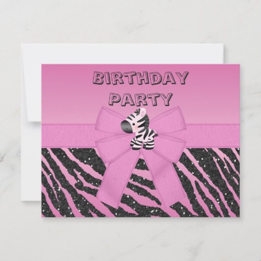 Cute Pink Zebra & Printed Bow Birthday Party Kaart (Voorkant)