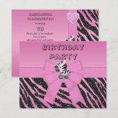 Cute Pink Zebra & Printed Bow Birthday Party Kaart (Voorkant / Achterkant)