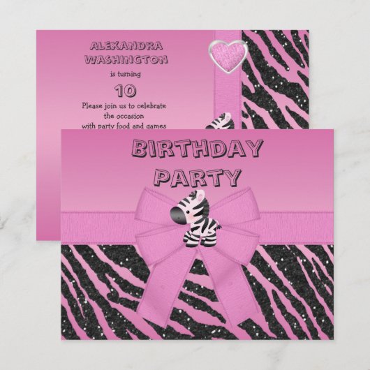 Cute Pink Zebra & Printed Bow Birthday Party Kaart (Voorkant / Achterkant)