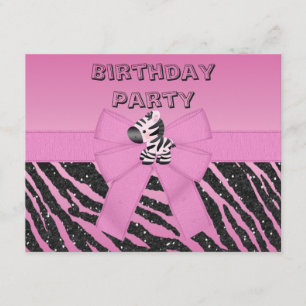 Cute Pink Zebra & Printed Bow Birthday Party Kaart