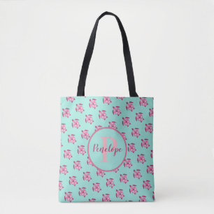Cute Pink Zee Turtle Pattern met Name Monogram Tote Bag