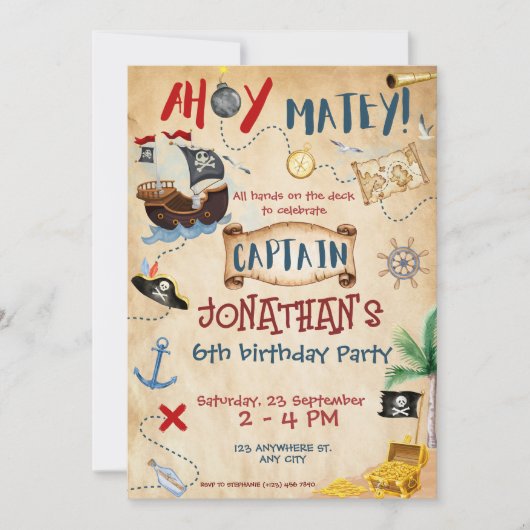 Cute Pirate Birthday Parchment waterverf Kaart (Voorkant)