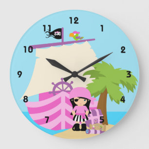 Cute Pirate Blonde Girl & Big Ship Custom Name Grote Klok