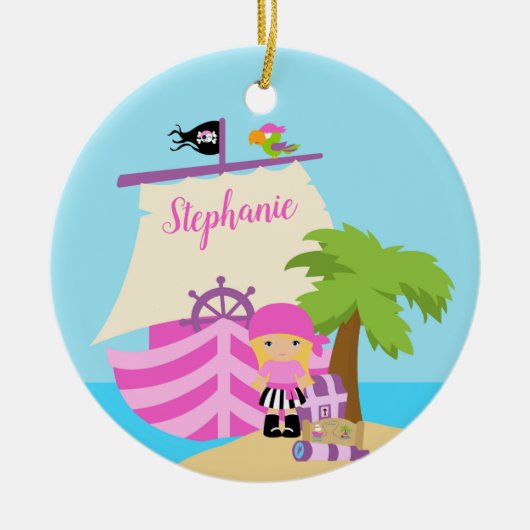 Cute Pirate Blonde Girl & Big Ship Custom Name Keramisch Ornament (Voorkant)