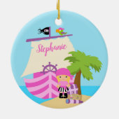 Cute Pirate Blonde Girl & Big Ship Custom Name Keramisch Ornament (Achterkant)