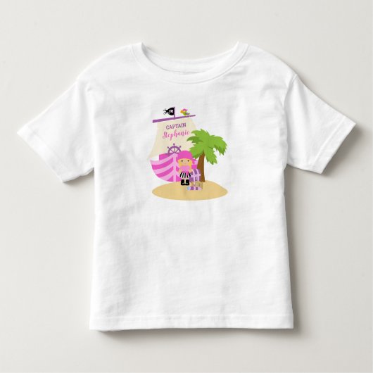 Cute Pirate Blonde Girl & Big Ship Custom Name Kinder Shirts (Voorkant)