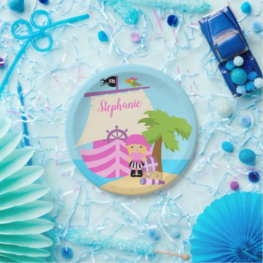 Cute Pirate Blonde Girl & Big Ship Custom Name Papieren Bordje (Feest)