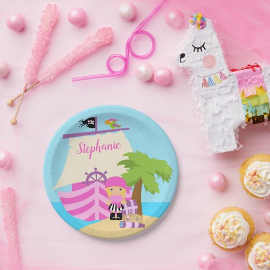 Cute Pirate Blonde Girl & Big Ship Custom Name Papieren Bordje (Feest)