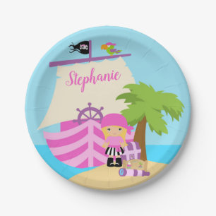 Cute Pirate Blonde Girl & Big Ship Custom Name Papieren Bordje