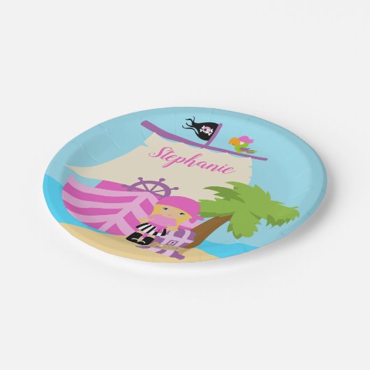 Cute Pirate Blonde Girl & Big Ship Custom Name Papieren Bordje (Gekanteld)