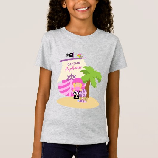 Cute Pirate Blonde Girl & Big Ship Custom Name T-shirt (Voorkant)
