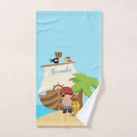 Cute Pirate Boy & A Big Ship Custom Name Bad Handdoek (Handdoek)