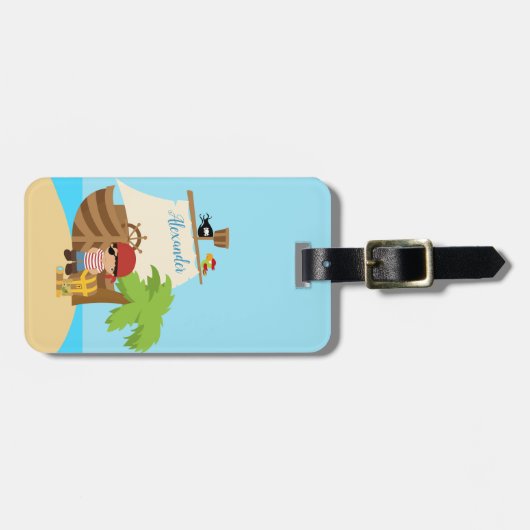 Cute Pirate Boy & A Big Ship Custom Name Bagagelabel (Voorkant horizontaal)