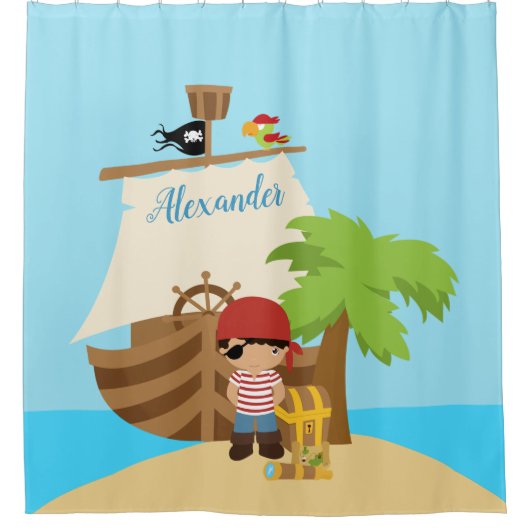 Cute Pirate Boy & A Big Ship Custom Name Douchegordijn (Voorkant)