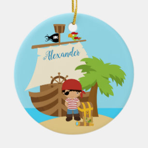 Cute Pirate Boy & A Big Ship Custom Name Keramisch Ornament