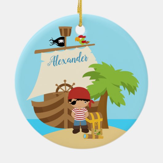 Cute Pirate Boy & A Big Ship Custom Name Keramisch Ornament (Achterkant)