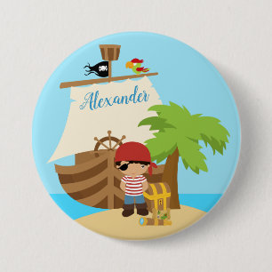 Cute Pirate Boy & A Big Ship Custom Name Ronde Button 7,6 Cm