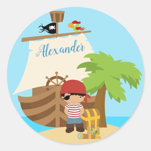 Cute Pirate Boy & A Big Ship Custom Name Ronde Sticker (Voorkant)