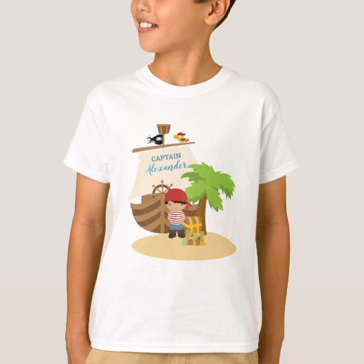 Cute Pirate Boy & A Big Ship Custom Name T-shirt (Voorkant)