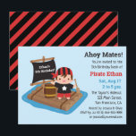 Cute Pirate Boy Boat Raft Kids Birthday Party Kaart<br><div class="desc">Een schattige piratenuitnodiging die een kleine jongen bevat die gekleed is als een piratenploeg met rode en zwarte banaan en die vasthoudt aan een peddeloor. Hij is op een houten vlot met een vat en een zwarte zeilboot. Maak je gemakkelijk persoonlijk met je partijgegevens en gebruik de leuke piratentaal zoals...</div>