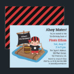 Cute Pirate Boy Boat Raft Kids Birthday Party Kaart<br><div class="desc">Een schattige piratenuitnodiging die een kleine jongen bevat die gekleed is als een piratenploeg met rode en zwarte banaan en die vasthoudt aan een peddeloor. Hij is op een houten vlot met een vat en een zwarte zeilboot. Maak je gemakkelijk persoonlijk met je partijgegevens en gebruik de leuke piratentaal zoals...</div>