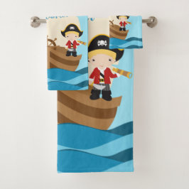 Cute Pirate Boys & Big Ship Custom Name Bad Handdoek
