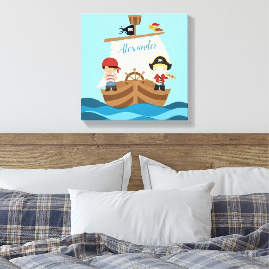 Cute Pirate Boys & Big Ship Custom Name Canvas Afdruk (Insitu (Slaapkamer))