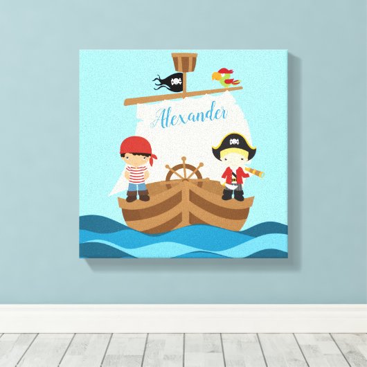 Cute Pirate Boys & Big Ship Custom Name Canvas Afdruk (Insitu (Houten vloer))
