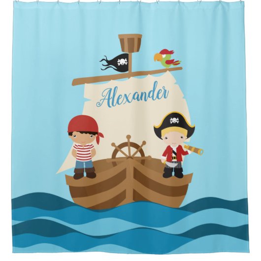 Cute Pirate Boys & Big Ship Custom Name Douchegordijn (Voorkant)