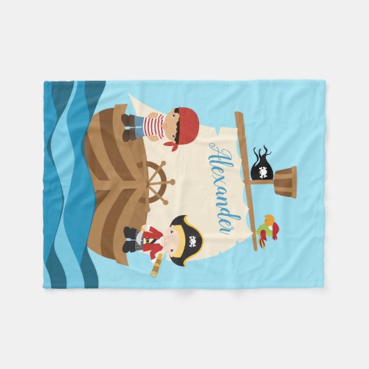 Cute Pirate Boys & Big Ship Custom Name Fleece Deken (Voorkant (Horizontaal))