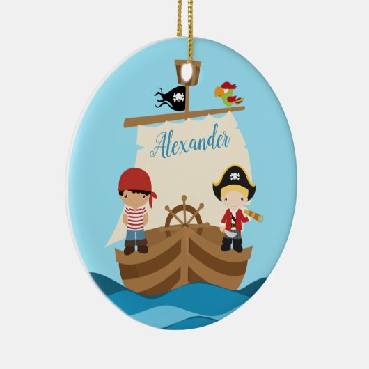 Cute Pirate Boys & Big Ship Custom Name Keramisch Ornament (Rechts)
