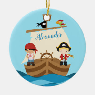 Cute Pirate Boys & Big Ship Custom Name Keramisch Ornament