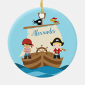Cute Pirate Boys & Big Ship Custom Name Keramisch Ornament (Achterkant)