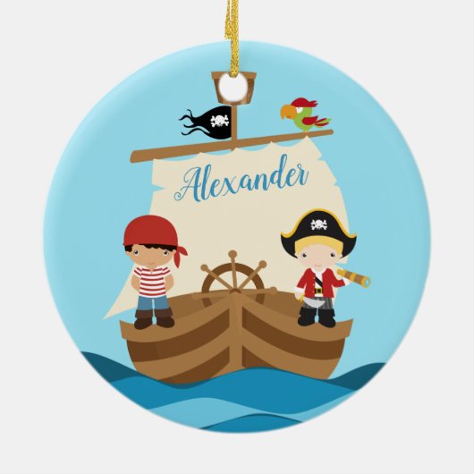 Cute Pirate Boys & Big Ship Custom Name Keramisch Ornament (Achterkant)