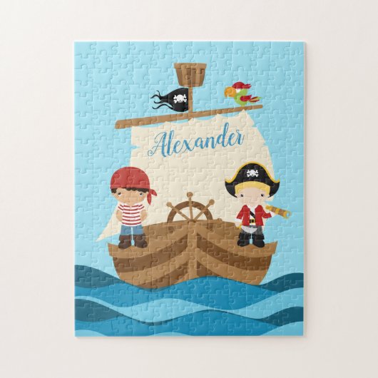Cute Pirate Boys & Big Ship Custom Name Legpuzzel (Verticaal)