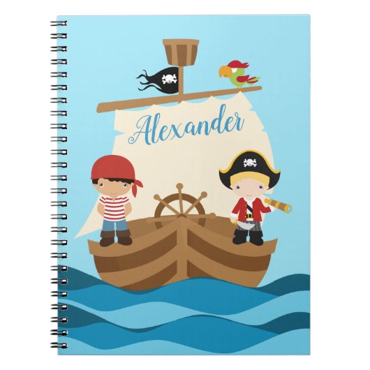 Cute Pirate Boys & Big Ship Custom Name Notitieboek (Voorkant)