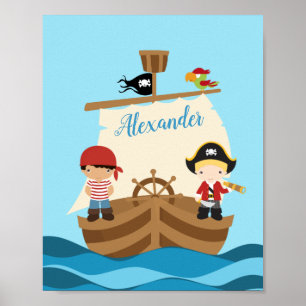 Cute Pirate Boys & Big Ship Custom Name Poster