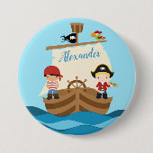 Cute Pirate Boys & Big Ship Custom Name Ronde Button 7,6 Cm (Voorkant)