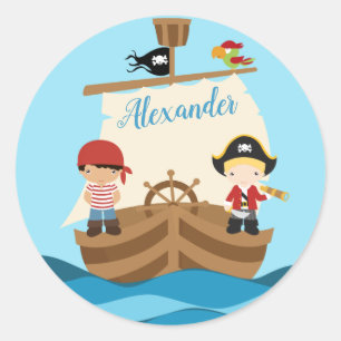 Cute Pirate Boys & Big Ship Custom Name Ronde Sticker