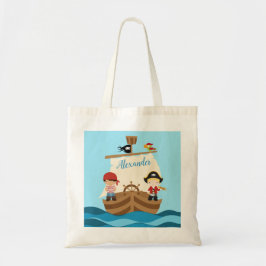 Cute Pirate Boys & Big Ship Custom Name Tote Bag