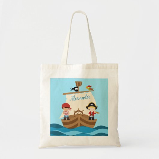 Cute Pirate Boys & Big Ship Custom Name Tote Bag (Voorkant)