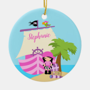 Cute Pirate Brunette Girl & A Big Ship Custom Name Keramisch Ornament