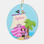 Cute Pirate Brunette Girl en Big Ship Custom Name Keramisch Ornament (Links)