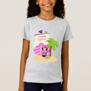 Cute Pirate Brunette Girl en Big Ship Custom Name T-shirt