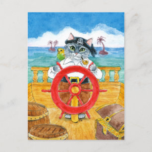 Cute Pirate Cat Budgie Caribbean Zee Ship briefkaa Briefkaart