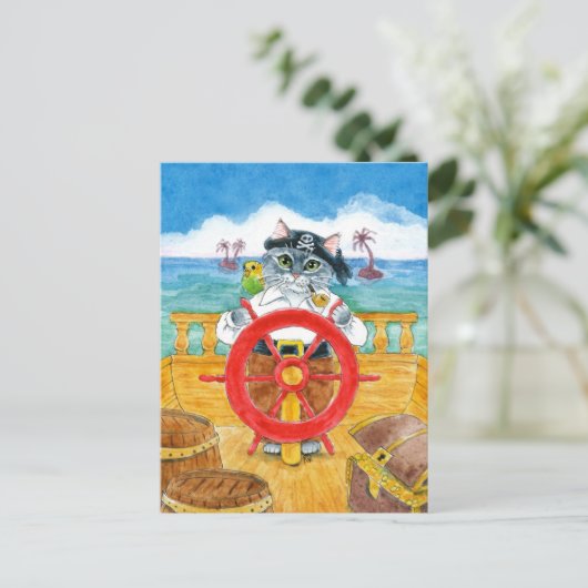 Cute Pirate Cat Budgie Caribbean Zee Ship briefkaa Briefkaart (Staand voorkant)