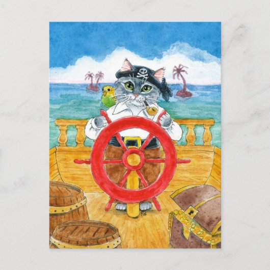 Cute Pirate Cat Budgie Caribbean Zee Ship briefkaa Briefkaart (Voorkant)